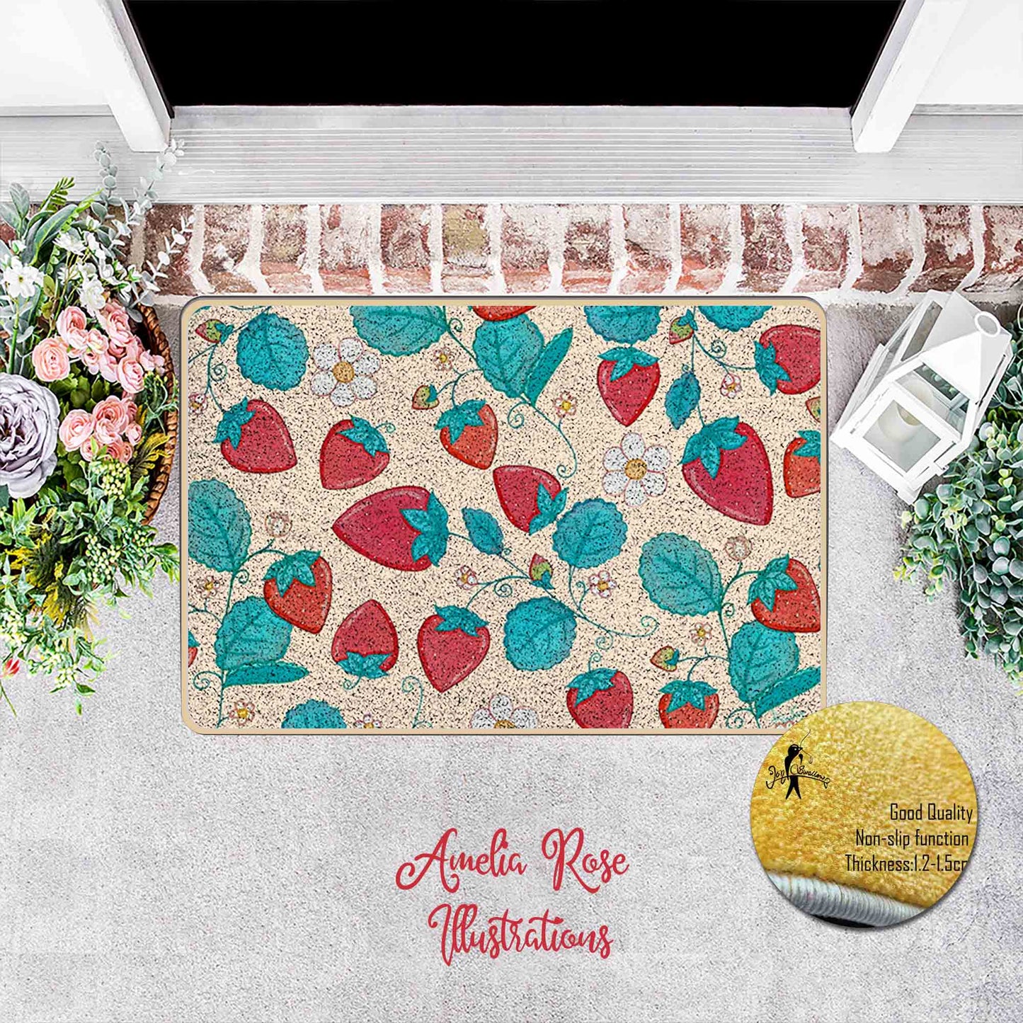 Strawberries and Cream Flannel Door Mat by AmeliaRose Illustrations from UK