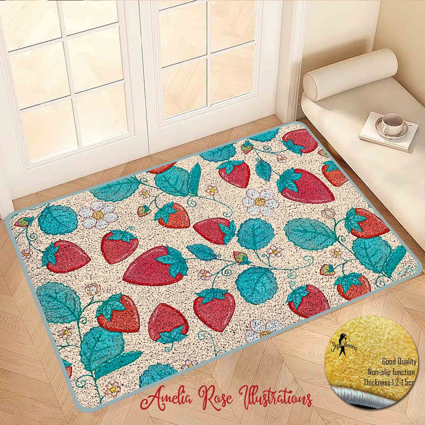 Strawberries and Cream Flannel Door Mat by AmeliaRose Illustrations from UK