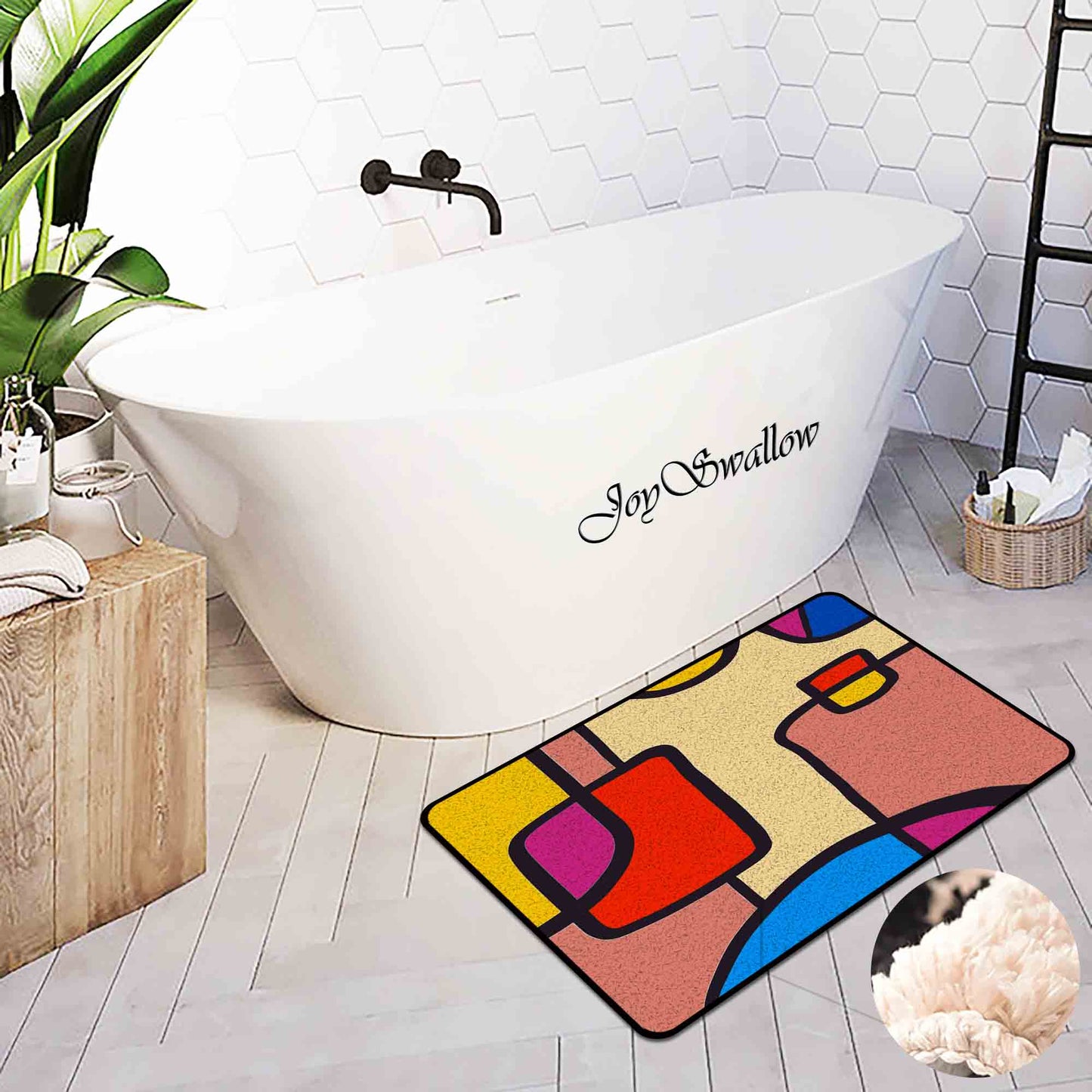 JoySwallow Abstract Colorful Geometrical Blocks Tufted Bathmat, Floral Bathroom Rug, Flower Area Rug, Floral Bedroom Rugs