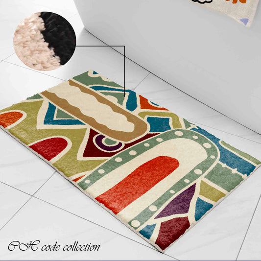 JoySwallow Abstract Fields and Houses Bathmat, Landscape Tufted Bathmat, Geometrical Rug, Fluffy Area Rug, Color Blocking Bedroom Rugs