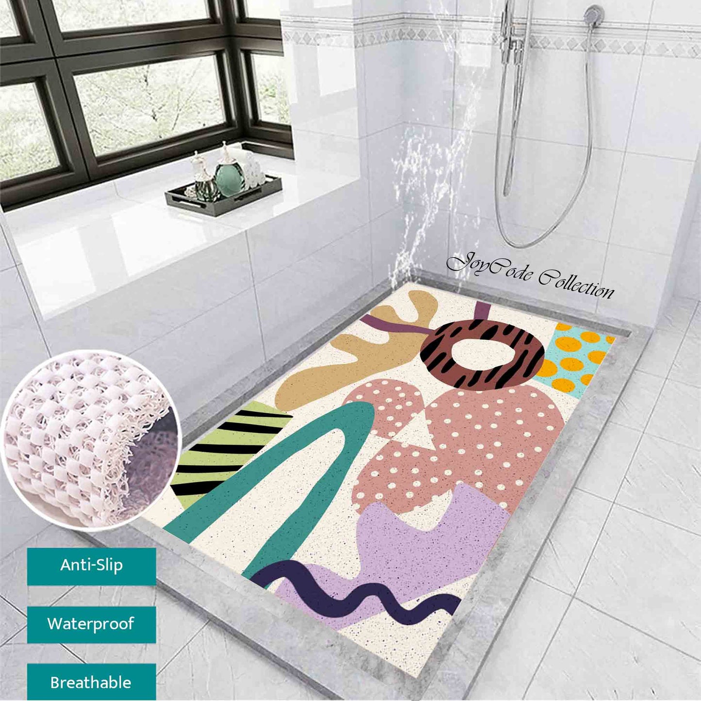 JoySwallow Personalized Bathtub Mat, Abstract Geometrical Blocks Bathtub Mat,  Line Art PVC Coil Shower Mat, Geometrical Anti Skid PVC Coil Bathmat, Permeable Bathmat, Drainable Rug