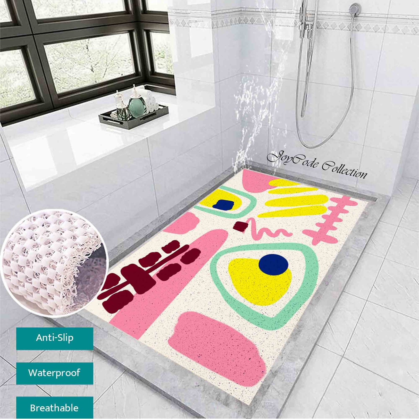 JoySwallow Personalized Bathtub Mat, Abstract Geometrical Pink Yellow Blocks Bathtub Mat,  Line Art PVC Coil Shower Mat, Geometrical Anti Skid PVC Coil Bathmat, Permeable Bathmat, Drainable Rug