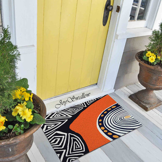 JoySwallow Personalized Doormat, Abstract Geometrical Line Art Door Mat, PVC Coil Entrance Door Mat, Orange Anti-Skid Outdoor Mat, Entryway Rug for Porch Courtyard