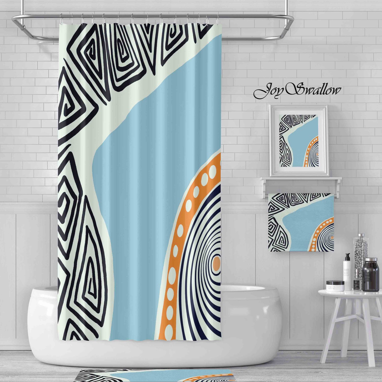 JoySwallow Personalized Shower Curtain, Abstract Geometrical Line Art Shower Curtain, Abstract Blocks Waterproof Curtains, Color Blocks Machine Washable Shower Curtains, Blue Heavy Weighted Bath Curtains with hooks