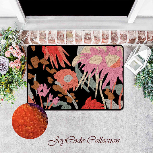 JoySwallow Abstract Pink Flowers with Black Ground Flannel Entrance Door Mat, Floral Anti-Skid High-End Outdoor Rugs