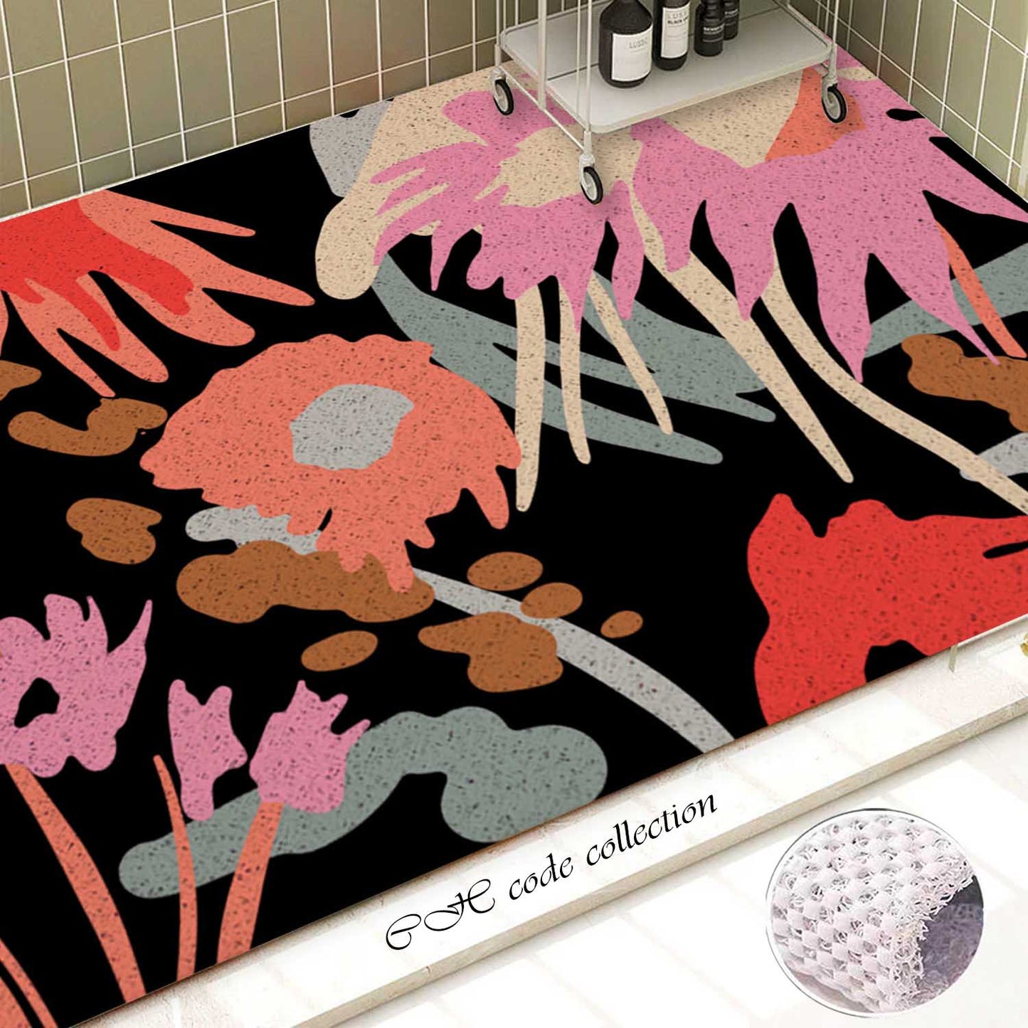 JoySwallow Personalized Bathtub Mat, Abstract Pink Flowers with Black Ground Bathtub Mat, PVC Coil Shower Mat, Anti Skid PVC Coil Bathmat, Floral Permeable Bathmat, Drainable Rug