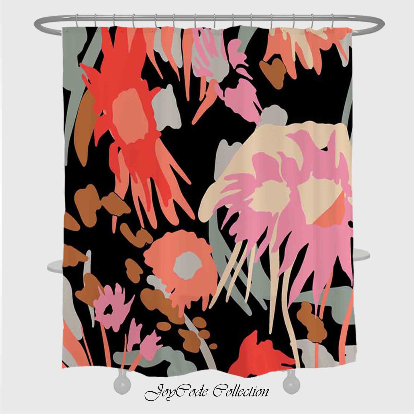 JoySwallow Abstract Pink Flowers Black Ground Shower Curtain, Floral Waterproof Curtains, Machine Washable Shower Curtains, Heavy Weighted Bath Curtains with hooks