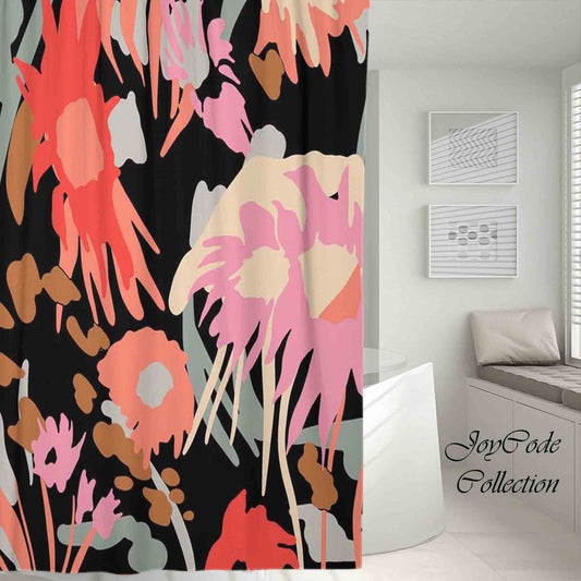 JoySwallow Abstract Pink Flowers Black Ground Shower Curtain, Floral Waterproof Curtains, Machine Washable Shower Curtains, Heavy Weighted Bath Curtains with hooks