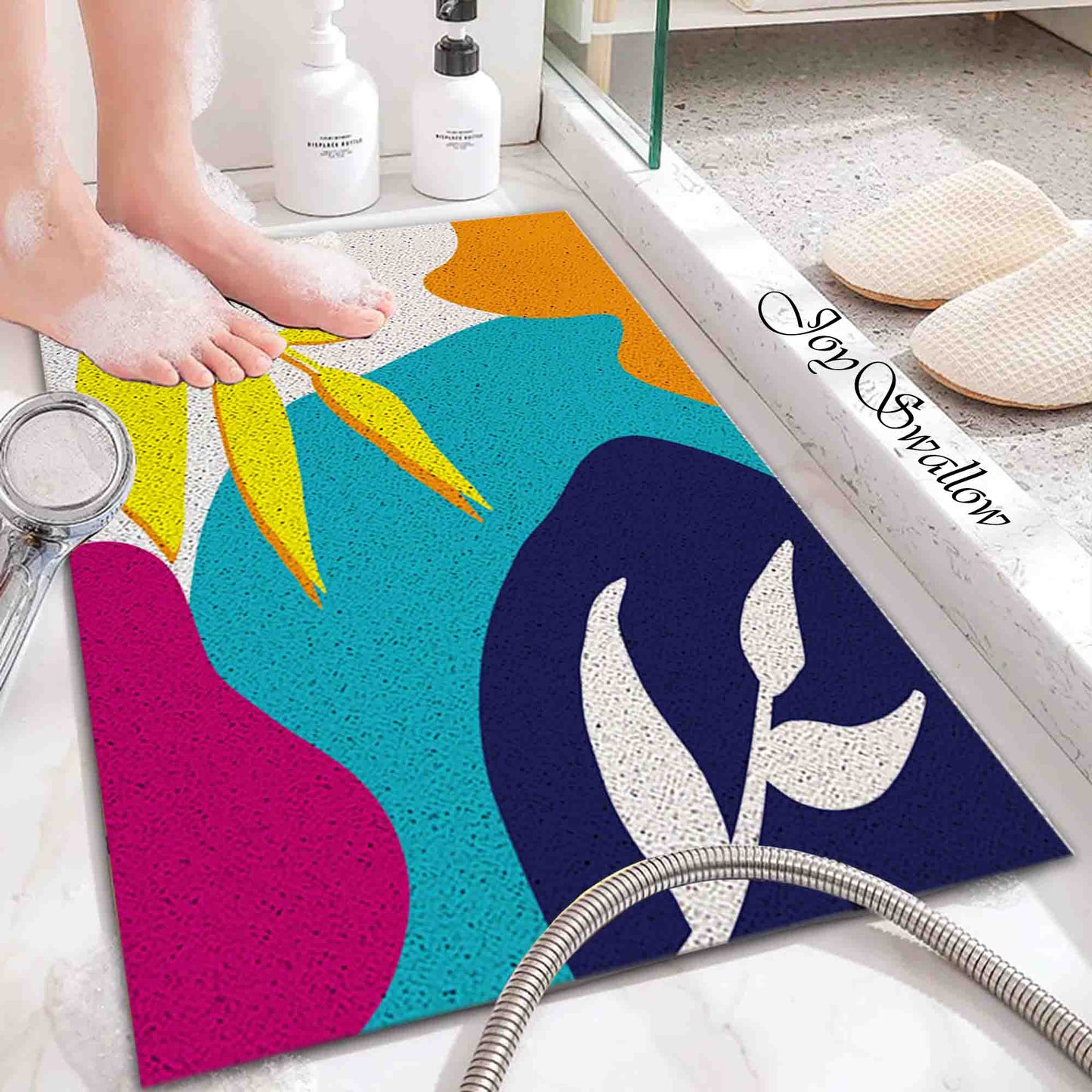 JoySwallow Personalized Bathtub Mat, Abstract plants and Blocks Tub Mat, PVC Coil Permeable Bath Mat, Floral Drainable Bath Rug, Anti Skid Bathmat