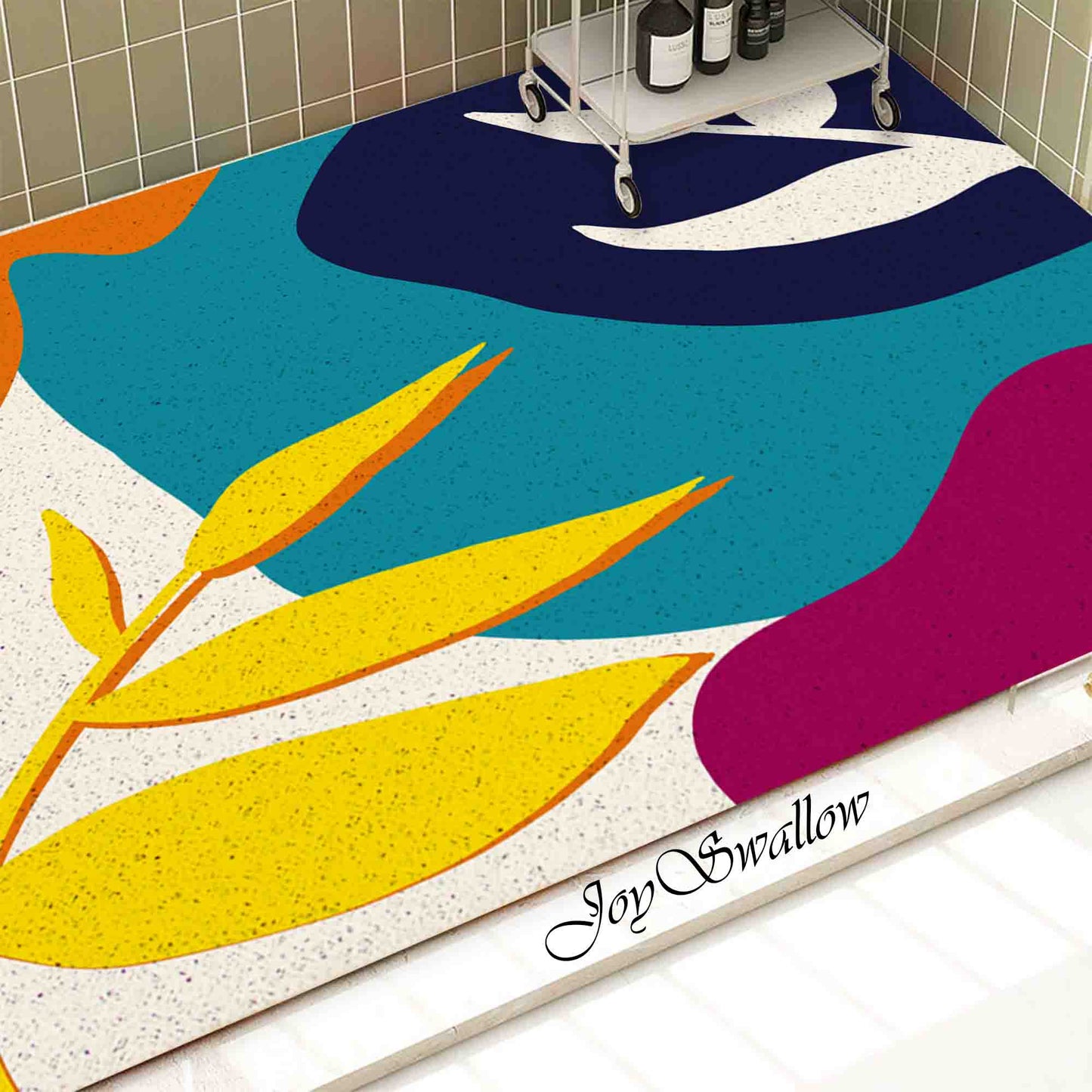 JoySwallow Personalized Bathtub Mat, Abstract plants and Blocks Tub Mat, PVC Coil Permeable Bath Mat, Floral Drainable Bath Rug, Anti Skid Bathmat