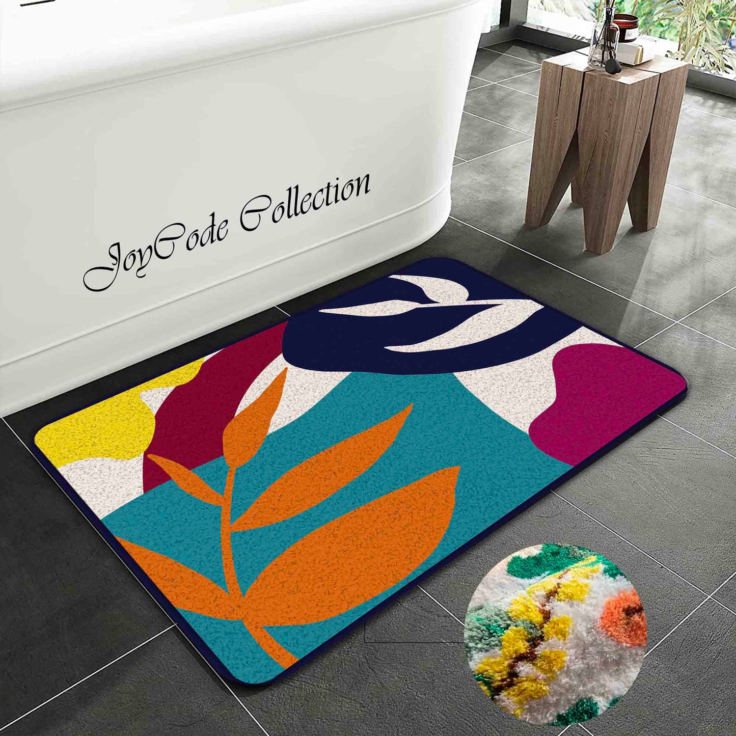 JoySwallow Abstract plants and Blocks Tufted Bathmat, Floral Bathroom Rug, Leaves Area Rug, Floral Bedroom Rugs