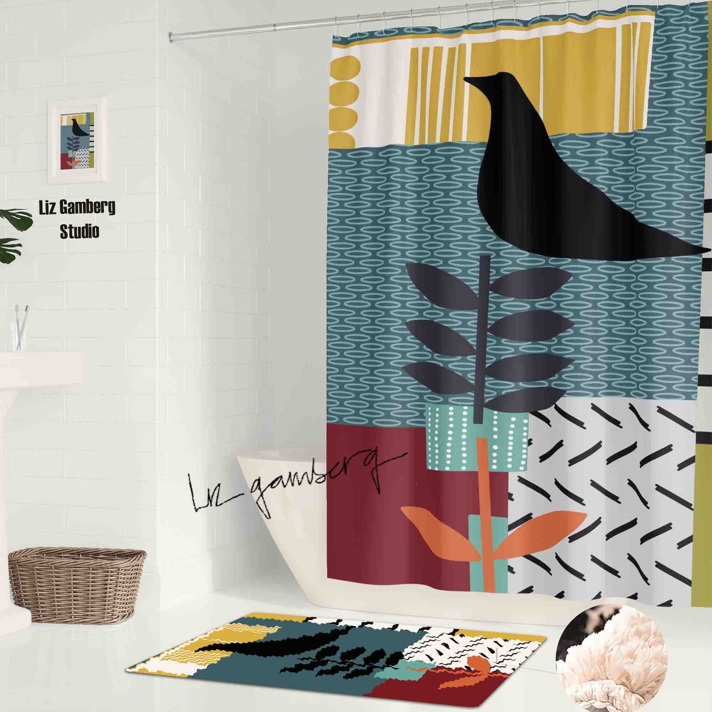 Bird On Vine Shower Curtain by Liz Gamberg Studio from US