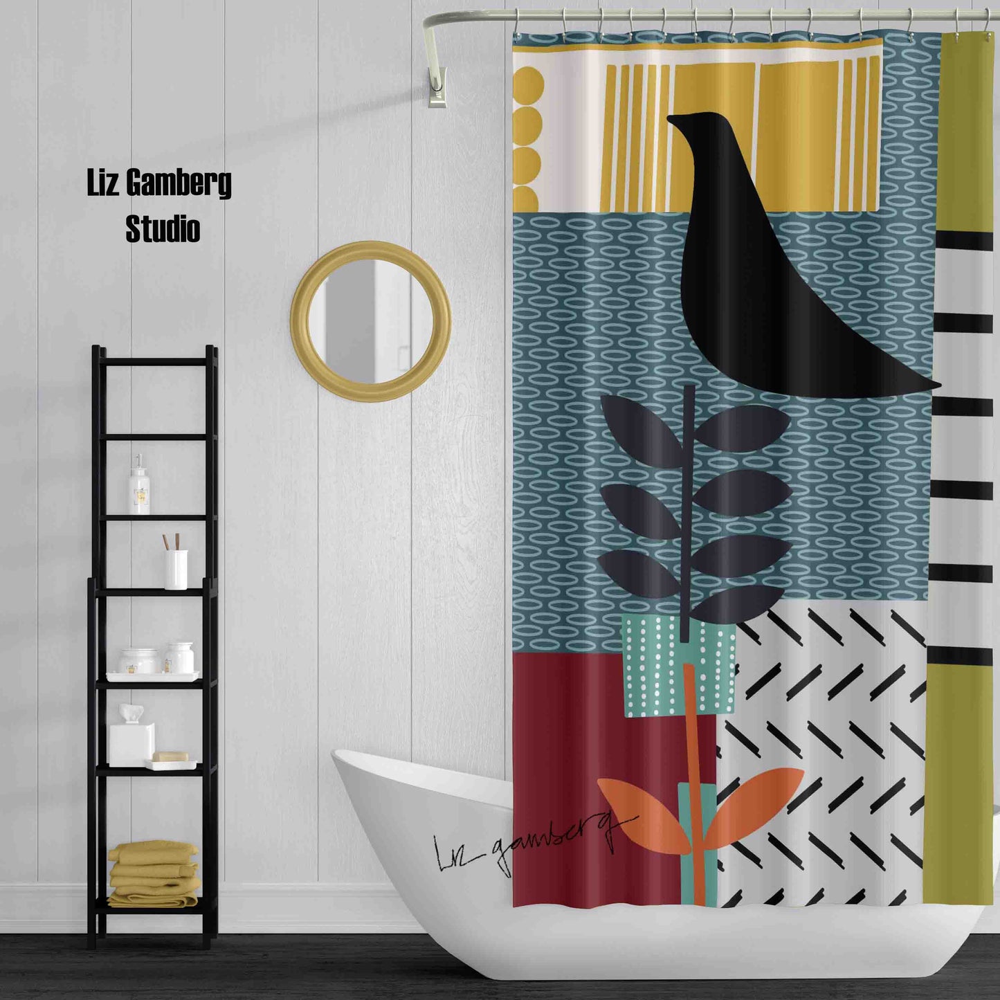 Bird On Vine Shower Curtain by Liz Gamberg Studio from US