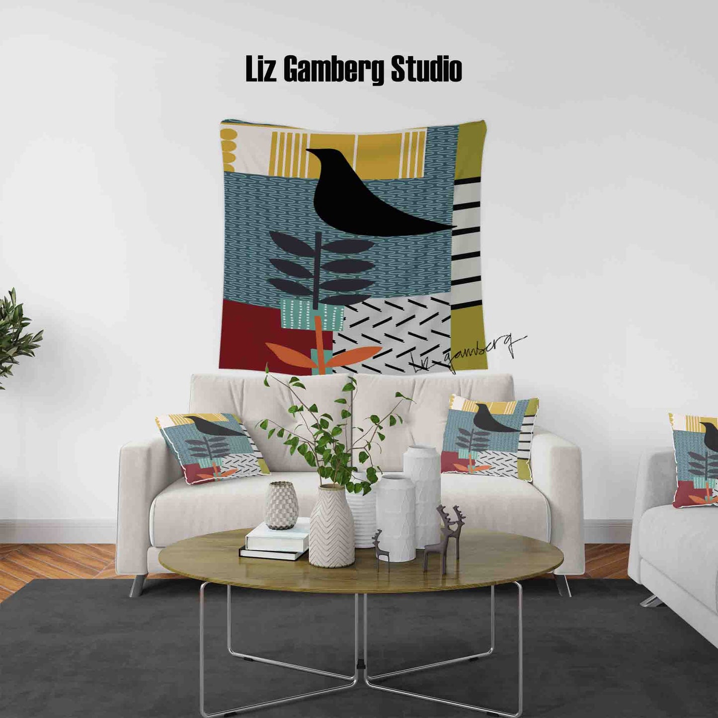 Bird On Vine Tapestry by  Liz Gamberg Studio from US