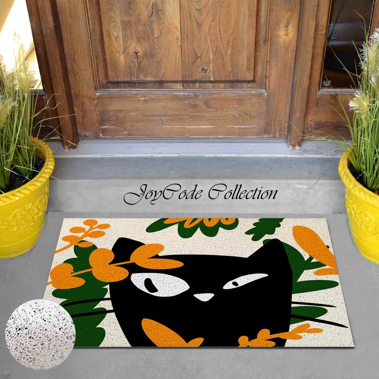 JoySwallow Black Cat and Orange Green Leaves PVC Coil Entrance Door Mat, Cute Animal Anti-Skid Outdoor Mat, Fire Fox Entryway Rug for Porch Courtyard