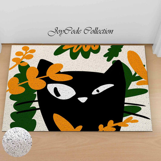 JoySwallow Black Cat and Orange Green Leaves PVC Coil Entrance Door Mat, Cute Animal Anti-Skid Outdoor Mat, Fire Fox Entryway Rug for Porch Courtyard