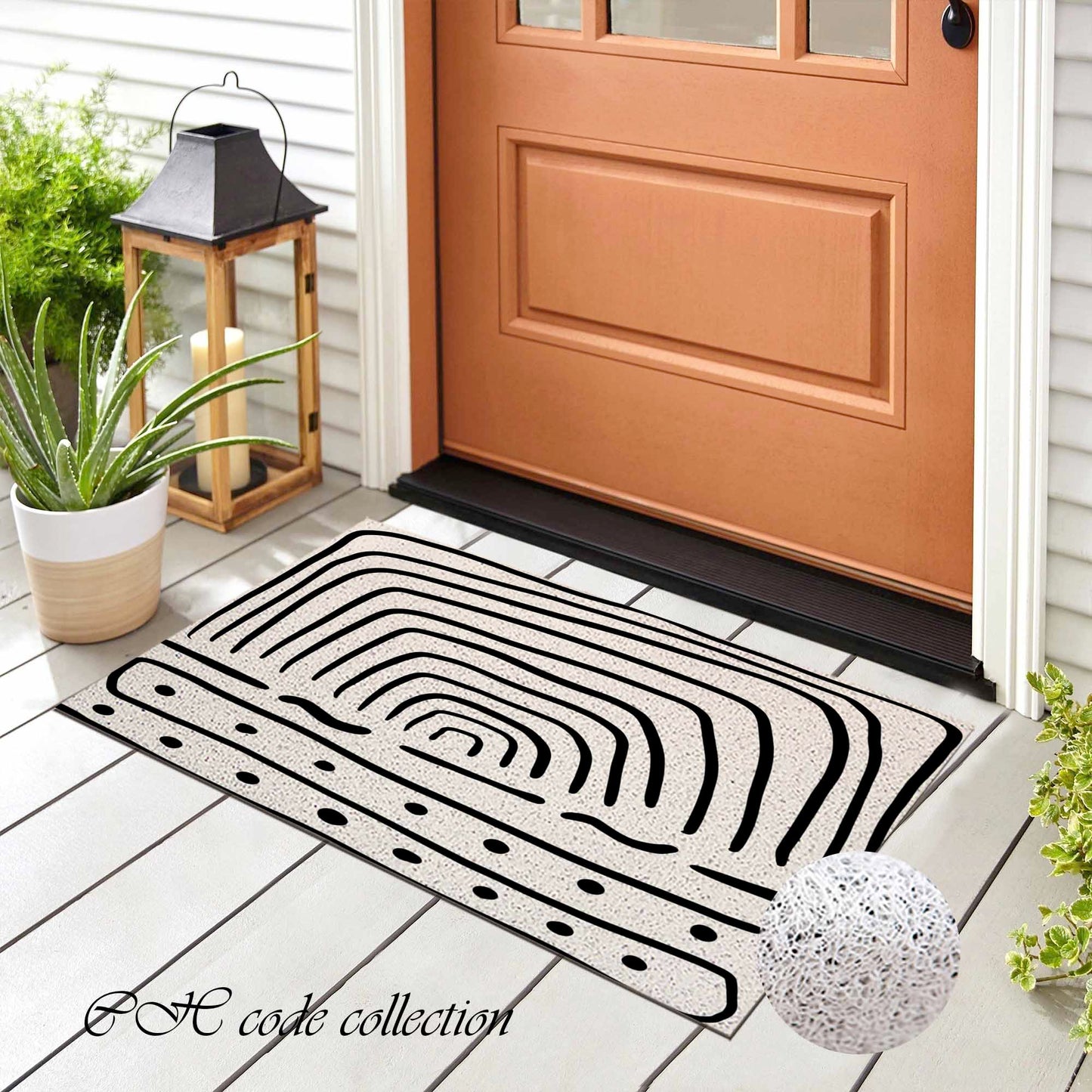 JoySwallow Black White Abstract Line Art PVC Coil Entrance Door Mat, Irregular Blocks Anti-Skid Outdoor Mat, Geometrical Entryway Rug for Porch Courtyard