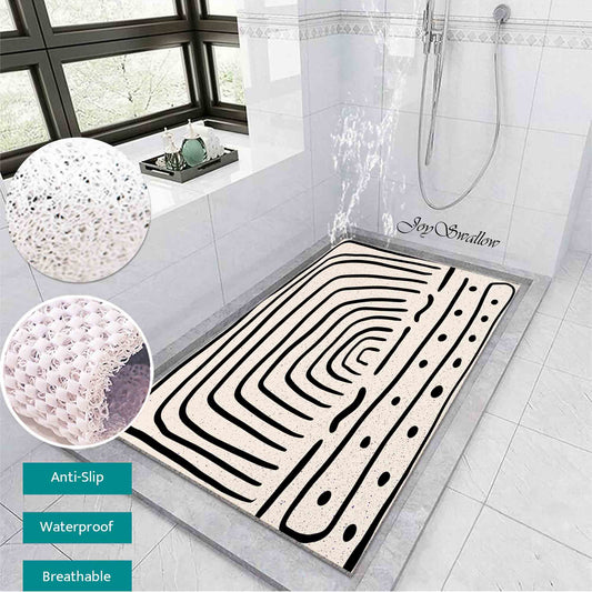 JoySwallow Personalized Bathtub Mat, Black White Abstract Line Art Bathtub Mat, PVC Coil Shower Mat, Anti Skid PVC Coil Bathmat, Geometrical Permeable Bathmat, Drainable Rug