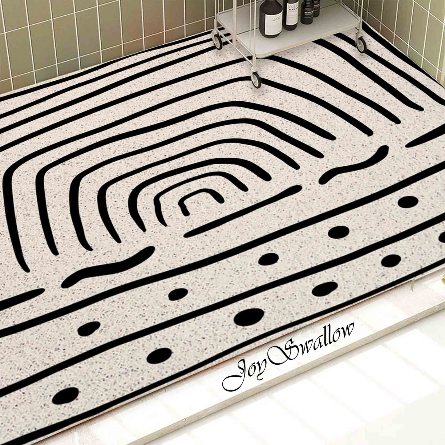 JoySwallow Personalized Bathtub Mat, Black White Abstract Line Art Bathtub Mat, PVC Coil Shower Mat, Anti Skid PVC Coil Bathmat, Geometrical Permeable Bathmat, Drainable Rug