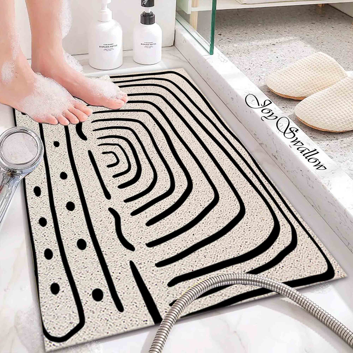 JoySwallow Personalized Bathtub Mat, Black White Abstract Line Art Bathtub Mat, PVC Coil Shower Mat, Anti Skid PVC Coil Bathmat, Geometrical Permeable Bathmat, Drainable Rug