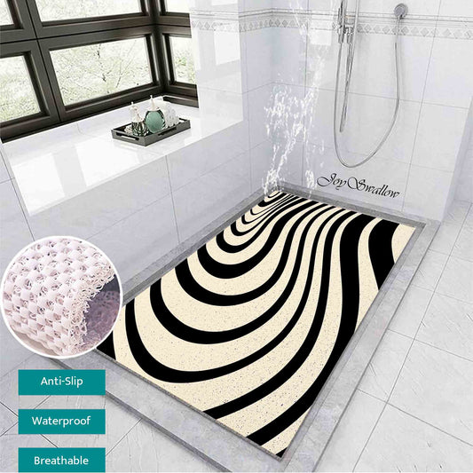 JoySwallow Personalized Bathtub Mat, Black White Dazzling Wave Bathtub Mat,  Line Art PVC Coil Shower Mat, Geometrical Anti Skid PVC Coil Bathmat, Permeable Bathmat, Drainable Rug