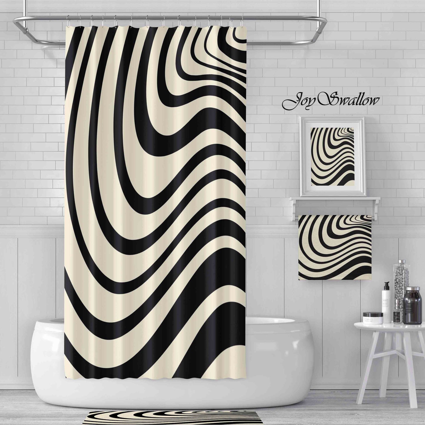 JoySwallow Black White Dazzling Wave Shower Curtain, Geometrical Waterproof Curtains, Machine Washable Shower Curtains, Heavy Weighted Bath Curtains with hooks