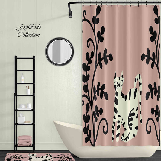 JoySwallow Black white Lovely Cat Shower Curtain, Cat Waterproof Curtains, Floral Machine Washable Shower Curtains, Heavy Weighted Bath Curtains with hooks