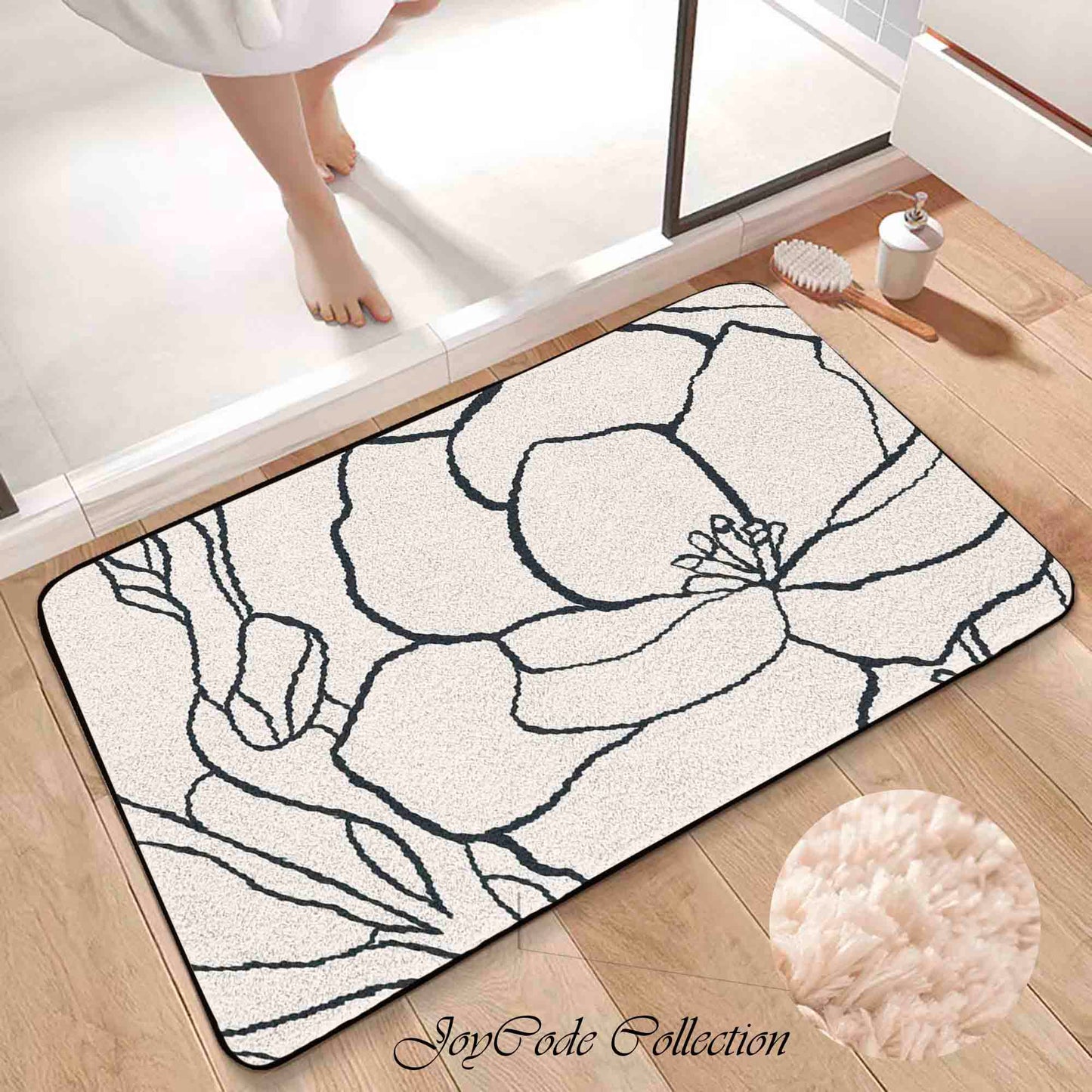 JoySwallow Black and White Flower Line Art Tufted Bathmat, Floral Bathroom Rug, Flower Area Rug, Floral Bedroom Rugs