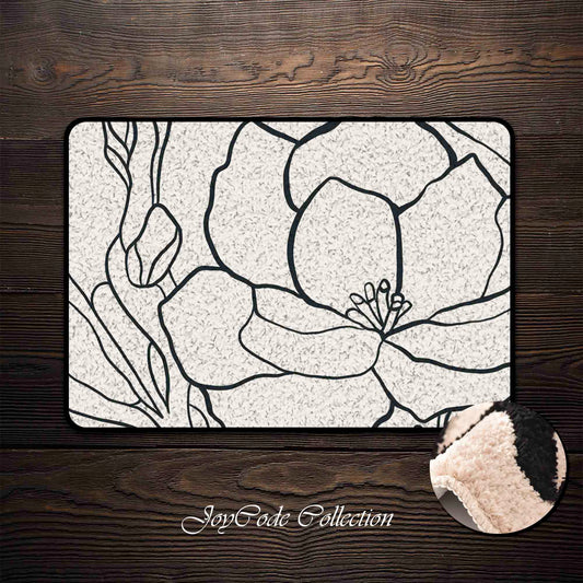 JoySwallow Black and White Flower Line Art Tufted Bathmat, Floral Bathroom Rug, Flower Area Rug, Floral Bedroom Rugs