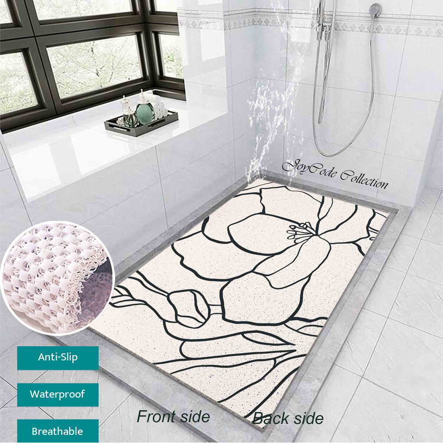 JoySwallow Personalized Bathtub Mat, Black and White Flower Line Bathtub Mat, PVC Coil Shower Mat, Anti Skid PVC Coil Bathmat, Floral Permeable Bathmat, Irregular Shaped Drainable Rug