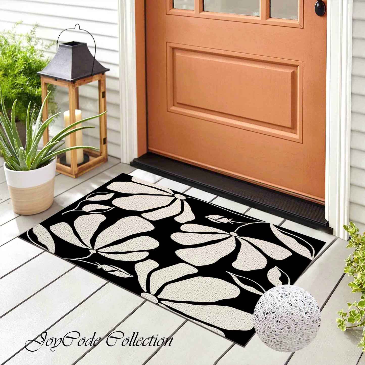 JoySwallow Black white Abstract Daisy PVC Coil Entrance Door Mat, Flowers Anti-Skid Outdoor Mat, Floral Entryway Rug for Porch Courtyard