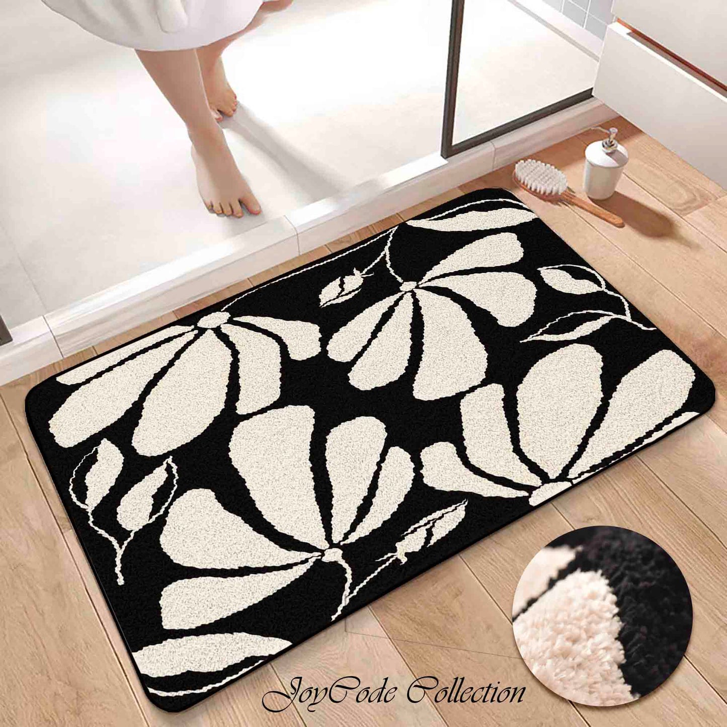 JoySwallow Black White Leaves Tufted Bathmat, Floral Bathroom Rug, Flower Area Rug, Floral Bedroom Rugs