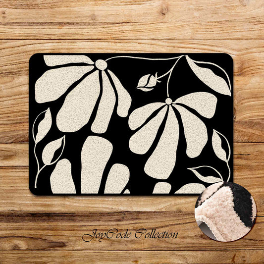 JoySwallow Black White Leaves Tufted Bathmat, Floral Bathroom Rug, Flower Area Rug, Floral Bedroom Rugs