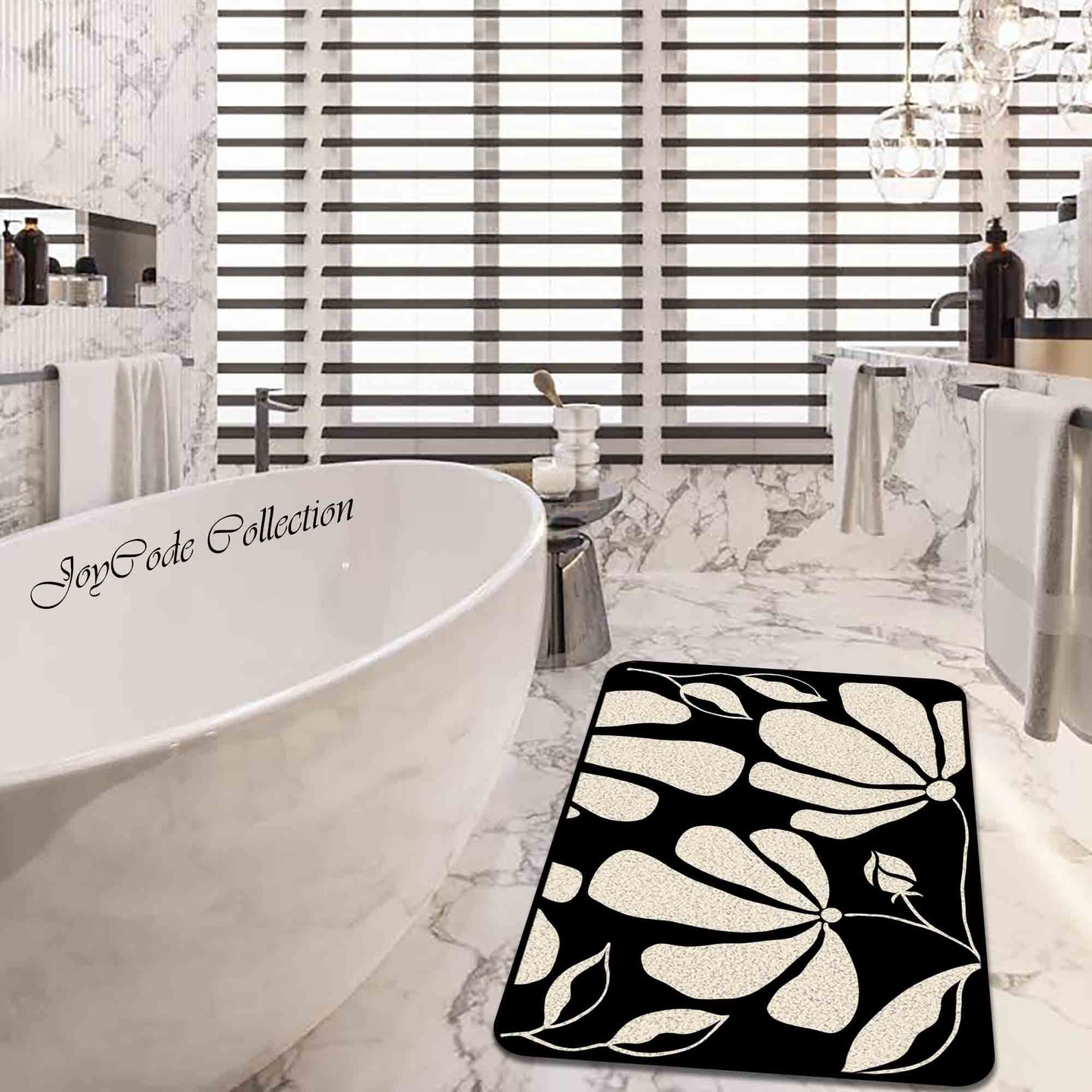 JoySwallow Black White Leaves Tufted Bathmat, Floral Bathroom Rug, Flower Area Rug, Floral Bedroom Rugs