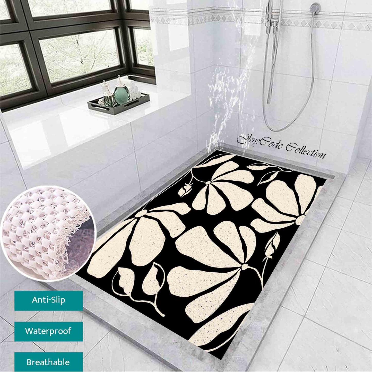 JoySwallow Personalized Bathtub Mat, Black White Blossom Bathtub Mat, PVC Coil Shower Mat, Anti Skid PVC Coil Bathmat, Floral Permeable Bathmat, Irregular Shaped Drainable Rug