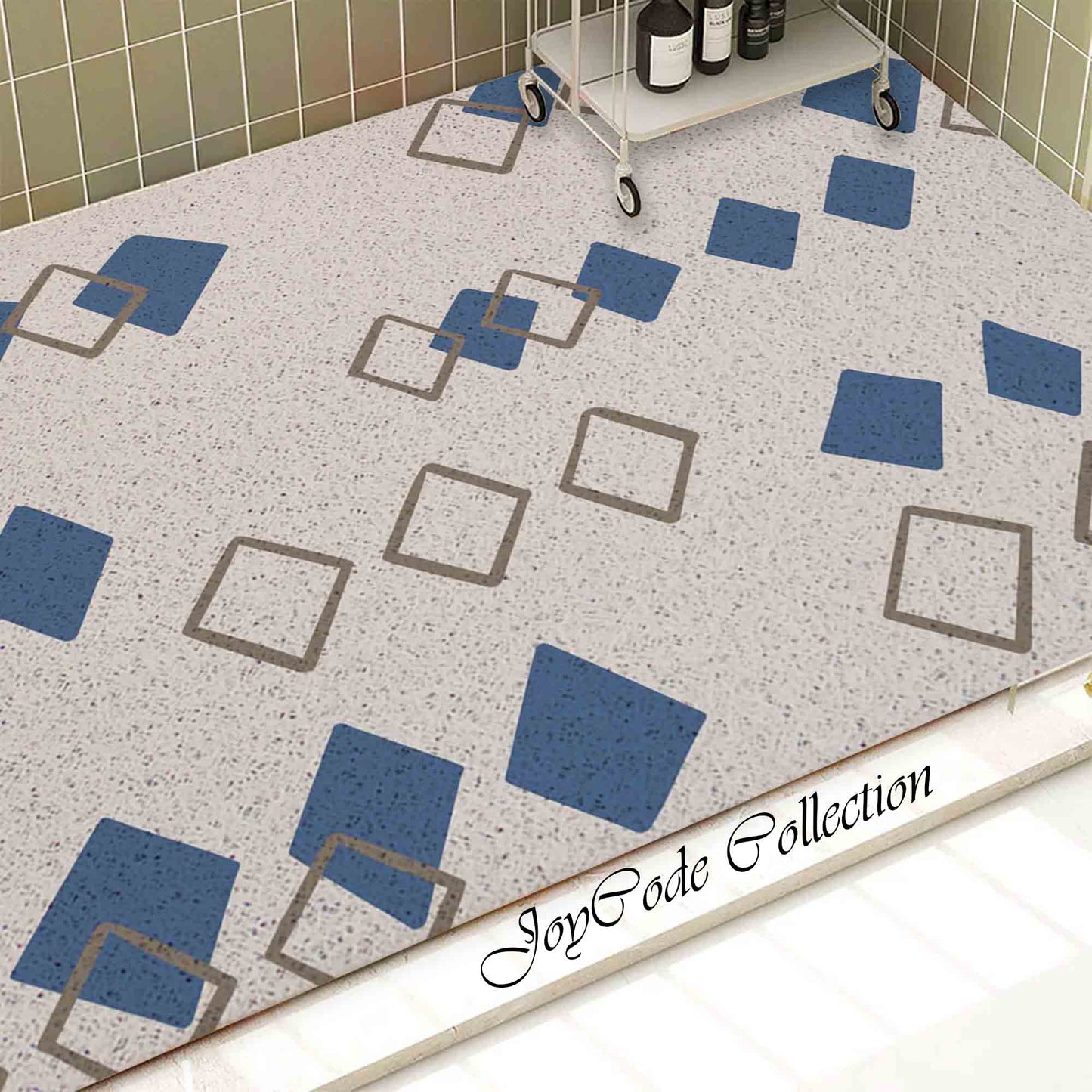 JoySwallow Personalized Bathtub Mat, Blue Diamond geometry Bathtub Mat, PVC Coil Shower Mat, Anti Skid PVC Coil Bathmat, Geometrical Permeable Bathmat,  Line Art Drainable Rug