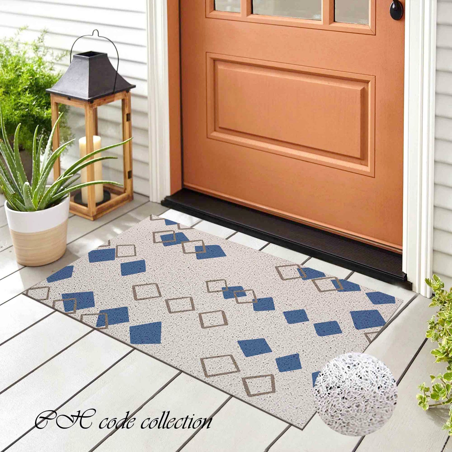 JoySwallow Blue Diamond Geometry and Line Art PVC Coil Entrance Door Mat, Irregular Blocks Anti-Skid Outdoor Mat, Animal Entryway Rug for Porch Courtyard