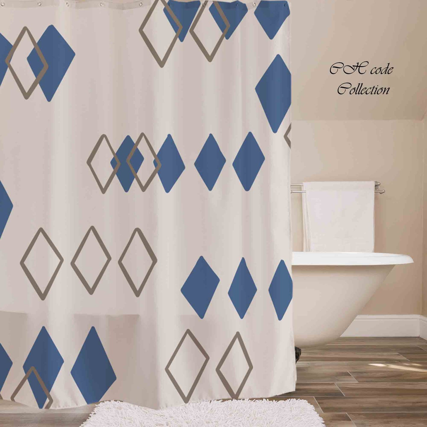 JoySwallow Blue Diamond Geometry and Line art Shower Curtain, Abstract Blocks Waterproof Curtains, Check Machine Washable Shower Curtains, Heavy Weighted Bath Curtains with hooks