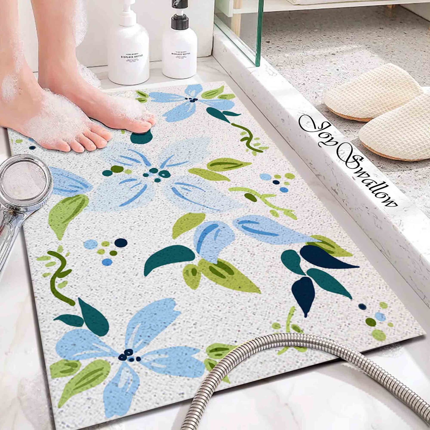 JoySwallow Personalized Bathtub Mat, Blue flowers Tub Mat, PVC Coil Permeable Bath Mat, Floral Drainable Bath Rug, Anti Skid Bathmat