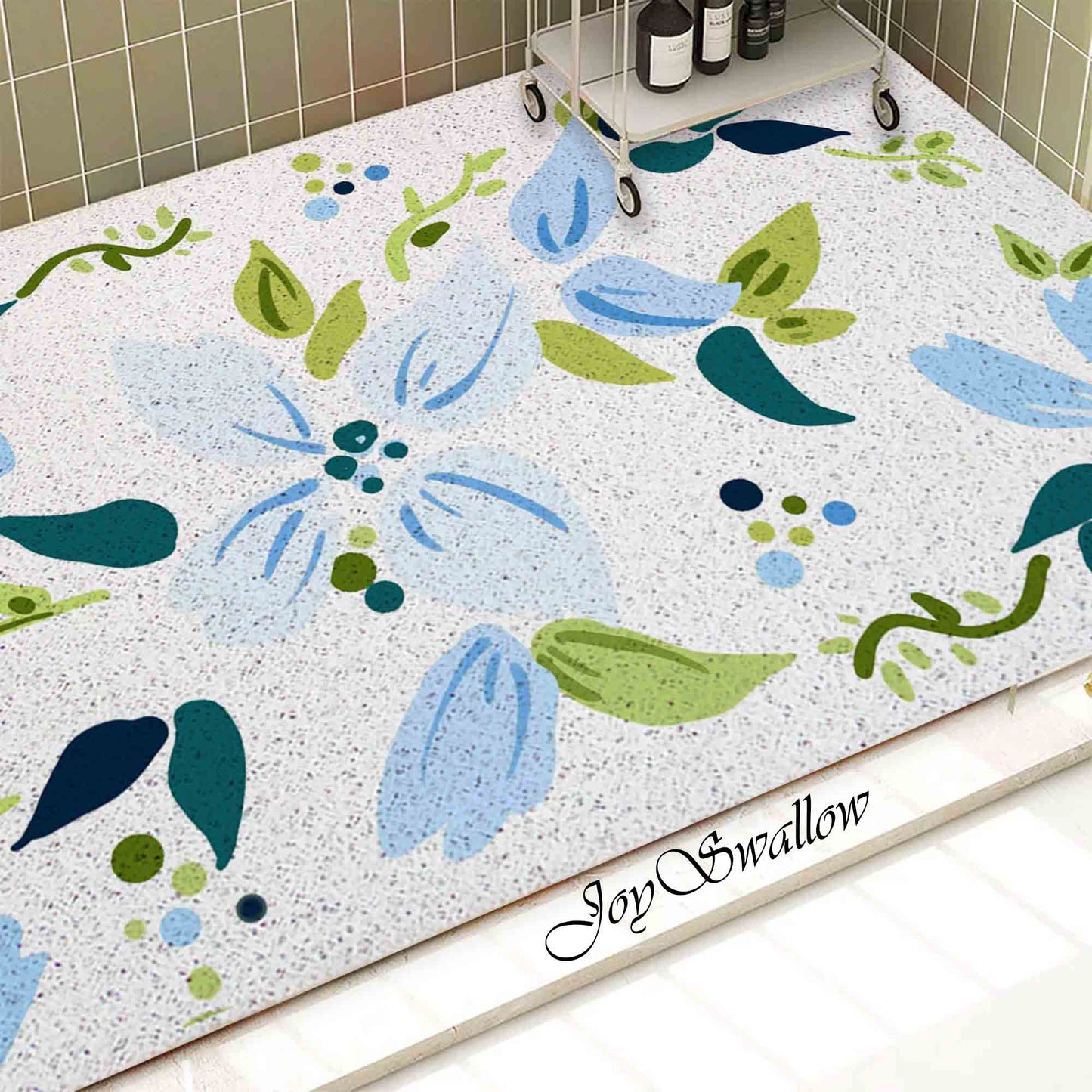 JoySwallow Personalized Bathtub Mat, Blue flowers Tub Mat, PVC Coil Permeable Bath Mat, Floral Drainable Bath Rug, Anti Skid Bathmat