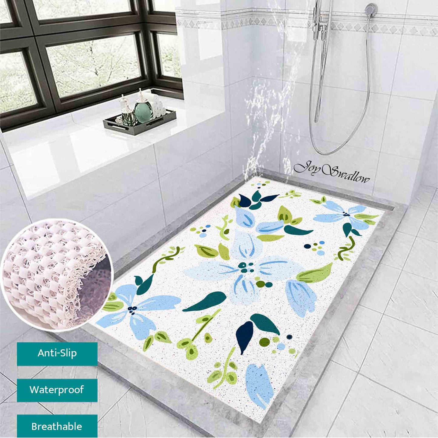 JoySwallow Personalized Bathtub Mat, Blue flowers Tub Mat, PVC Coil Permeable Bath Mat, Floral Drainable Bath Rug, Anti Skid Bathmat