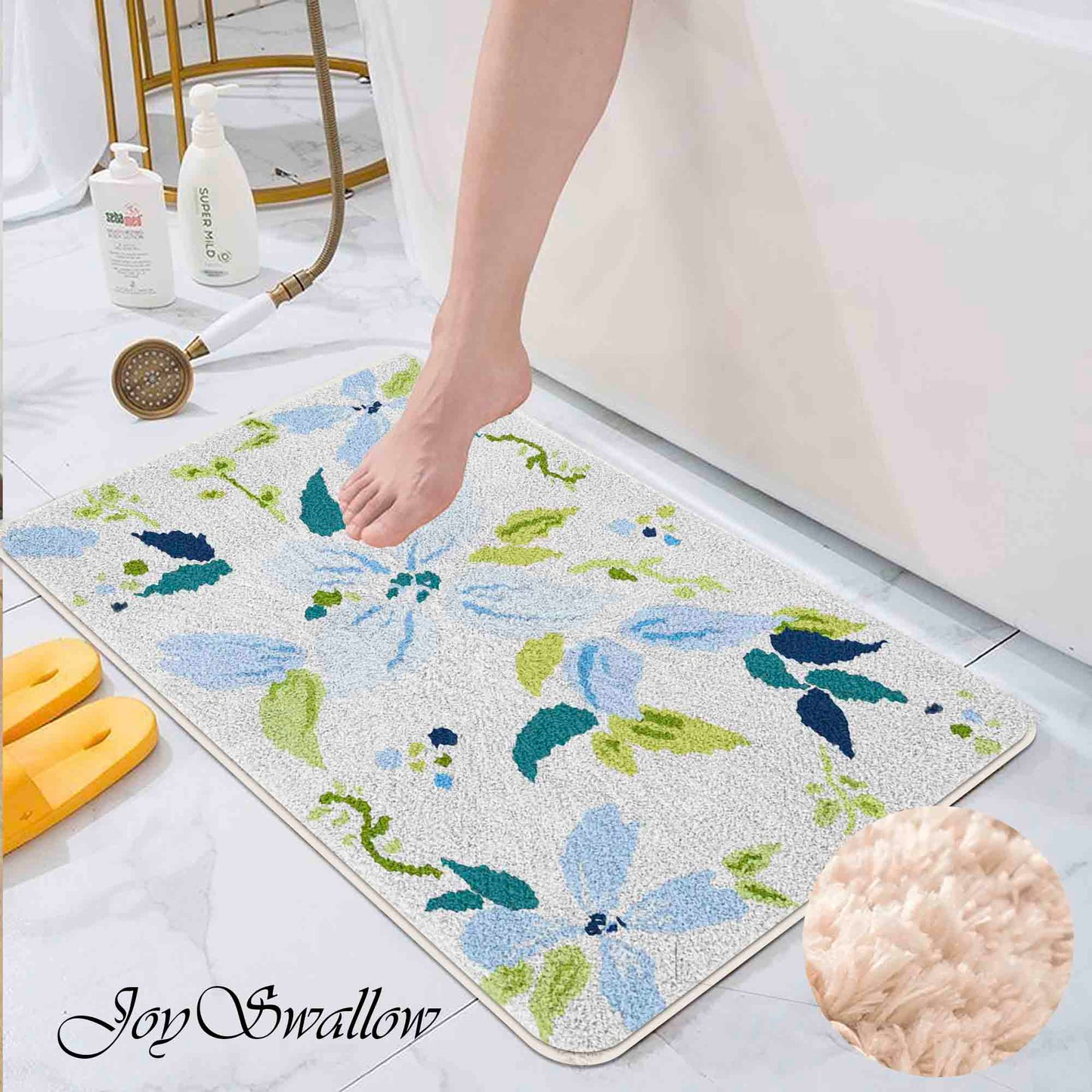 JoySwallow Blue Flower Tufted Bathmat, Floral Bathroom Rug, Flower Area Rug, Floral Bedroom Rugs