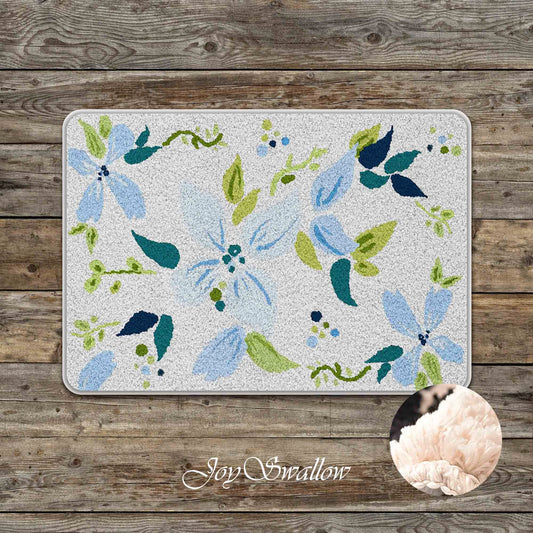 JoySwallow Blue Flower Tufted Bathmat, Floral Bathroom Rug, Flower Area Rug, Floral Bedroom Rugs