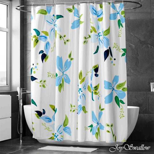 JoySwallow Blue Flowers Shower Curtain, Leaves Waterproof Curtains, Floral Machine Washable Shower Curtains, flower Heavy Weighted Bath Curtains with hooks