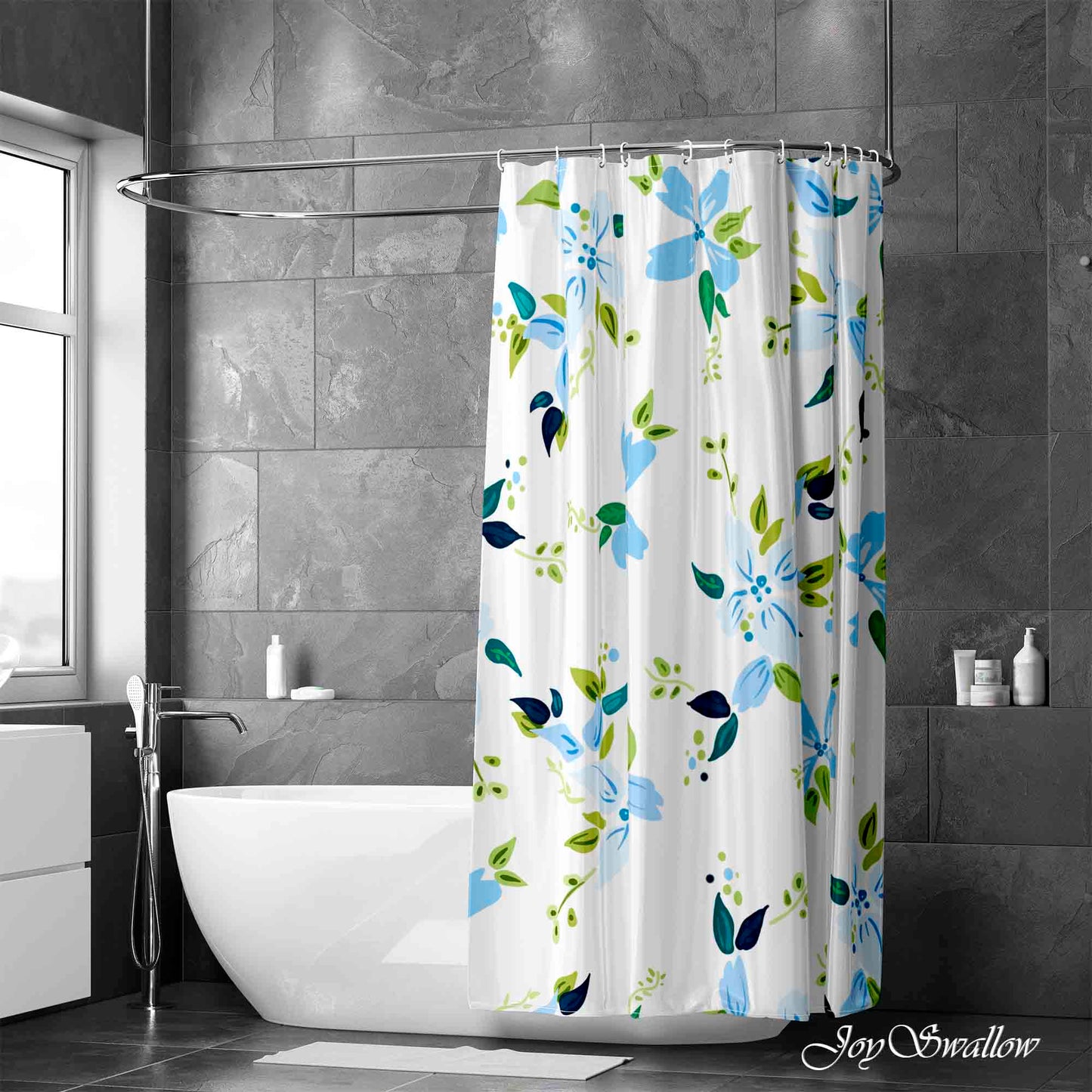 JoySwallow Blue Flowers Shower Curtain, Leaves Waterproof Curtains, Floral Machine Washable Shower Curtains, flower Heavy Weighted Bath Curtains with hooks