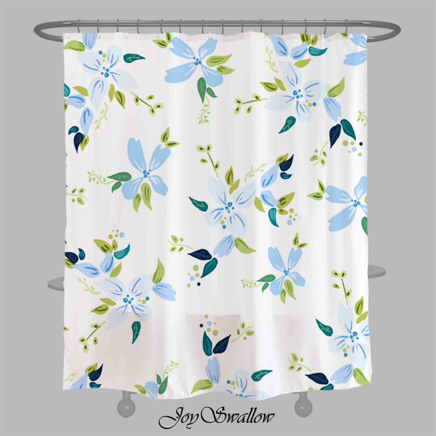 JoySwallow Blue Flowers Shower Curtain, Leaves Waterproof Curtains, Floral Machine Washable Shower Curtains, flower Heavy Weighted Bath Curtains with hooks