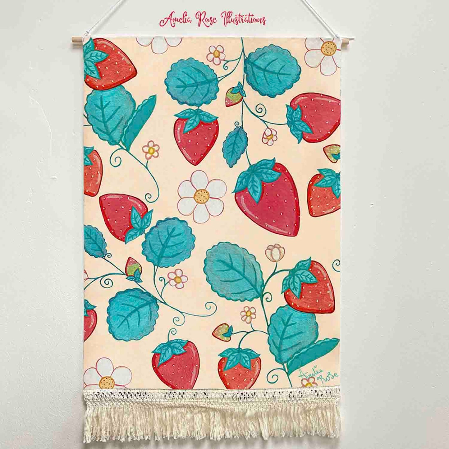 Strawberries and Cream Handmade Macrame Hanging Wall Decor Art, Woven Tapestries, Wall Decoration by AmeliaRose Illustrations from UK