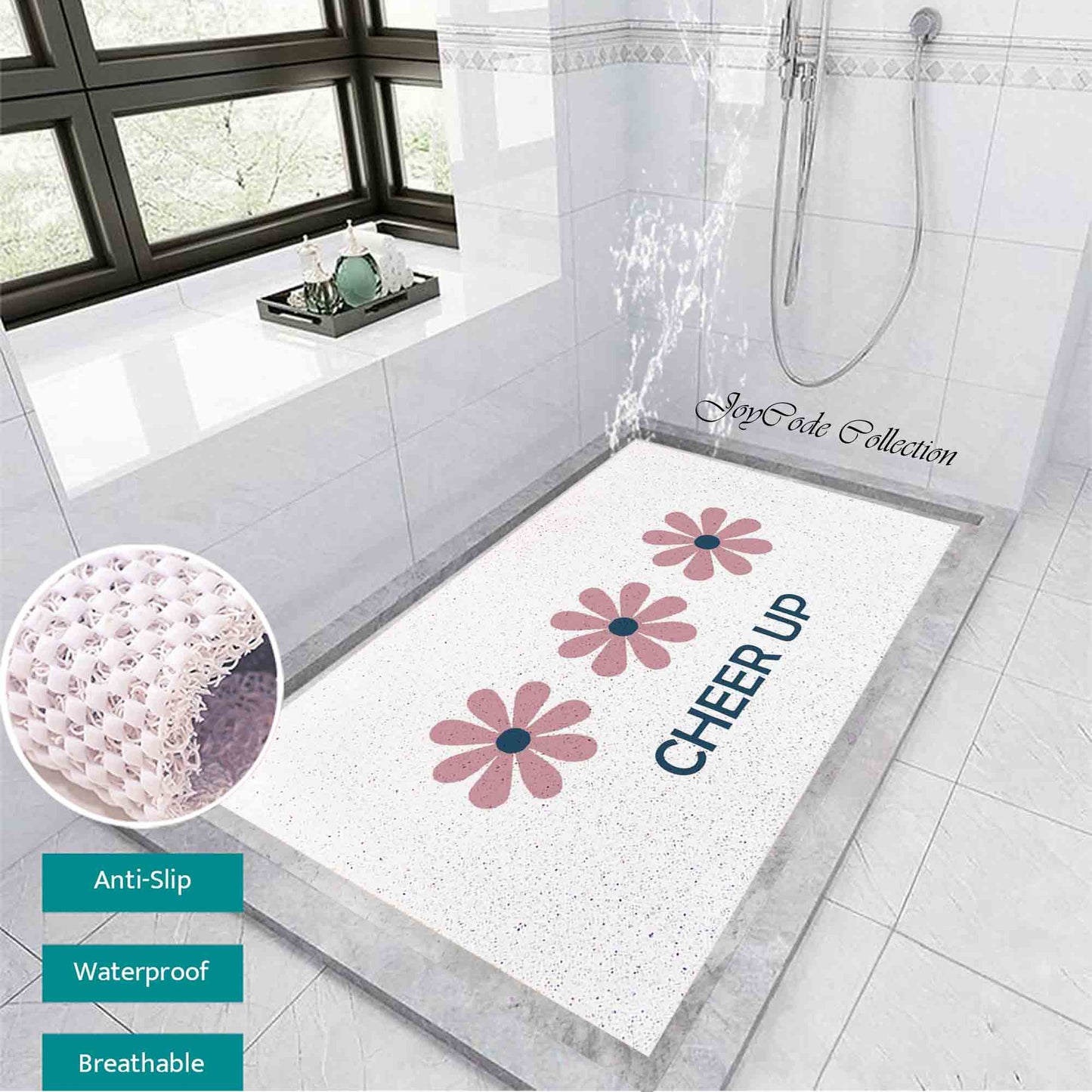 JoySwallow Personalized Bathtub Mat, Cheer Up Three Little Daisy Flowers Bathtub Mat, PVC Coil Shower Mat, Anti Skid PVC Coil Bathmat, Flower Permeable Bathmat, Irregular Shaped Drainable Rug