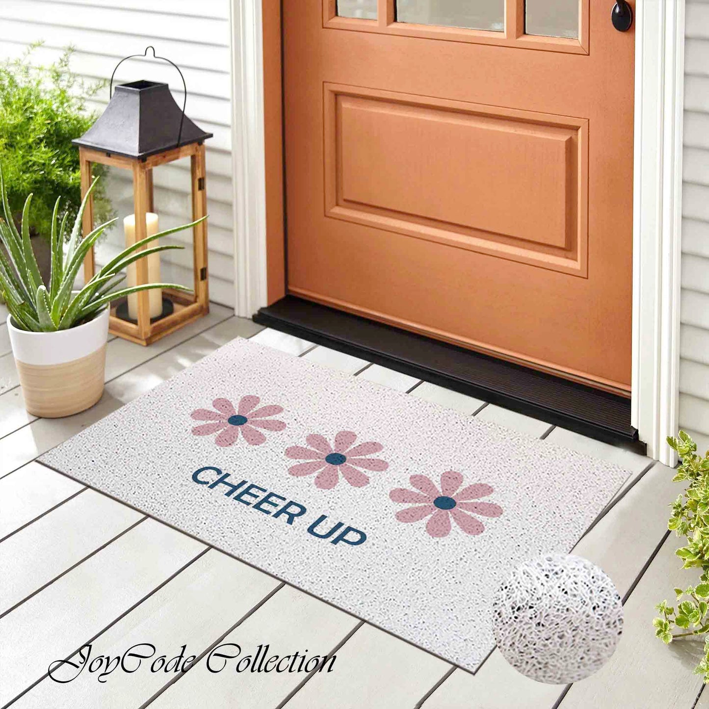 JoySwallow Cheer Up Three Little Daisy PVC Coil Entrance Door Mat, Flowers Anti-Skid Outdoor Mat, Floral Entryway Rug for Porch Courtyard