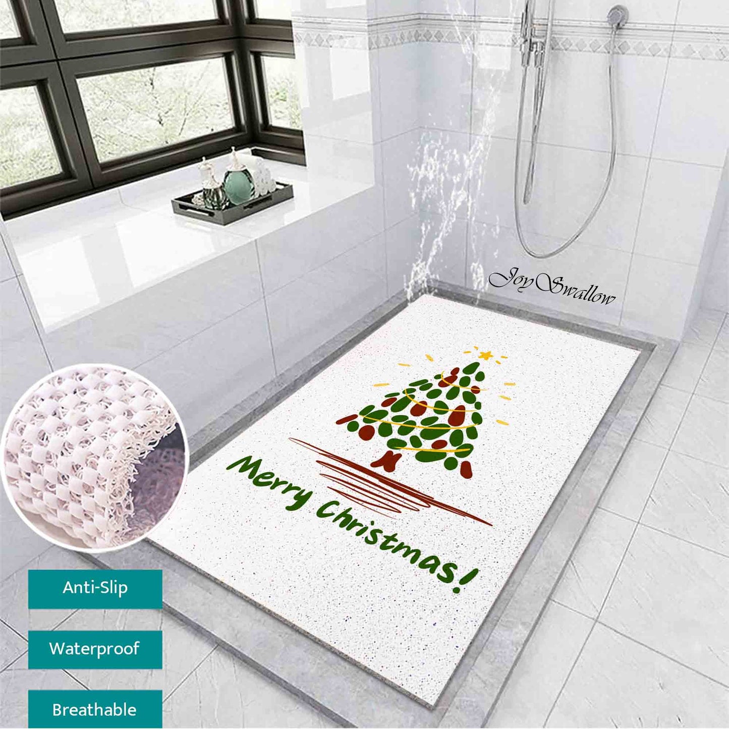 JoySwallow Personalized Bathtub Mat, Merry Christmas Tree Bathtub Mat,  Art PVC Coil Shower Mat, Holiday Anti Skid PVC Coil Bathmat, Permeable Bathmat, Floral Drainable Rug